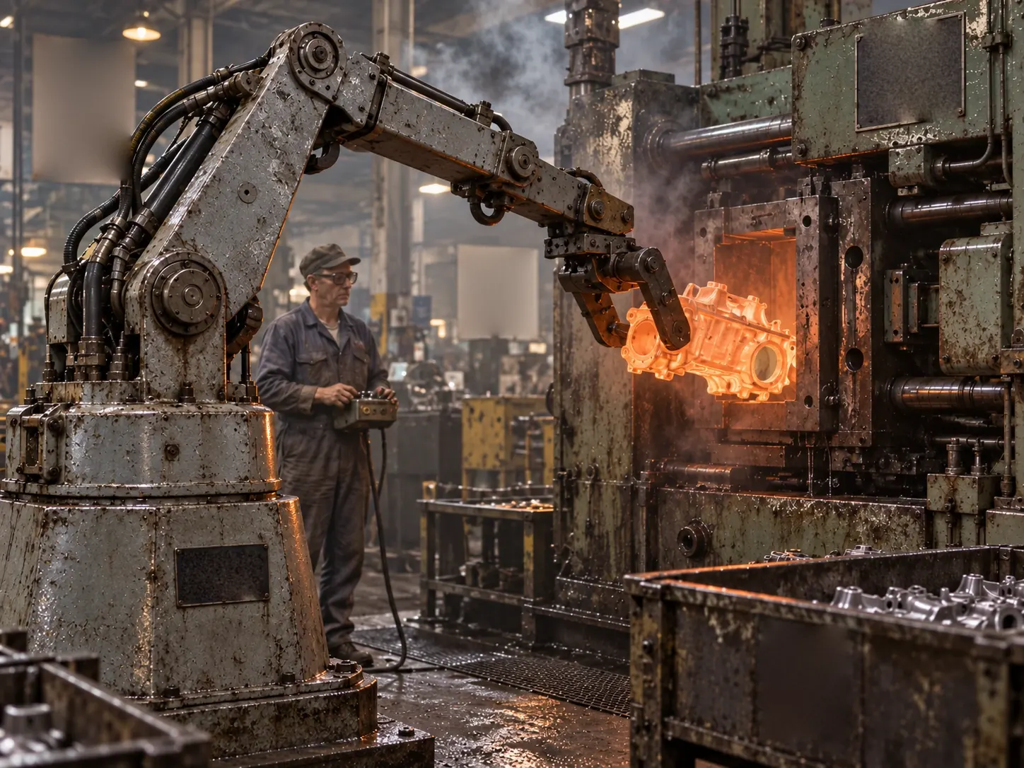 A 1960s hydraulic robot arm lifts a glowing hot casting from a die-casting machine while an operator watches.