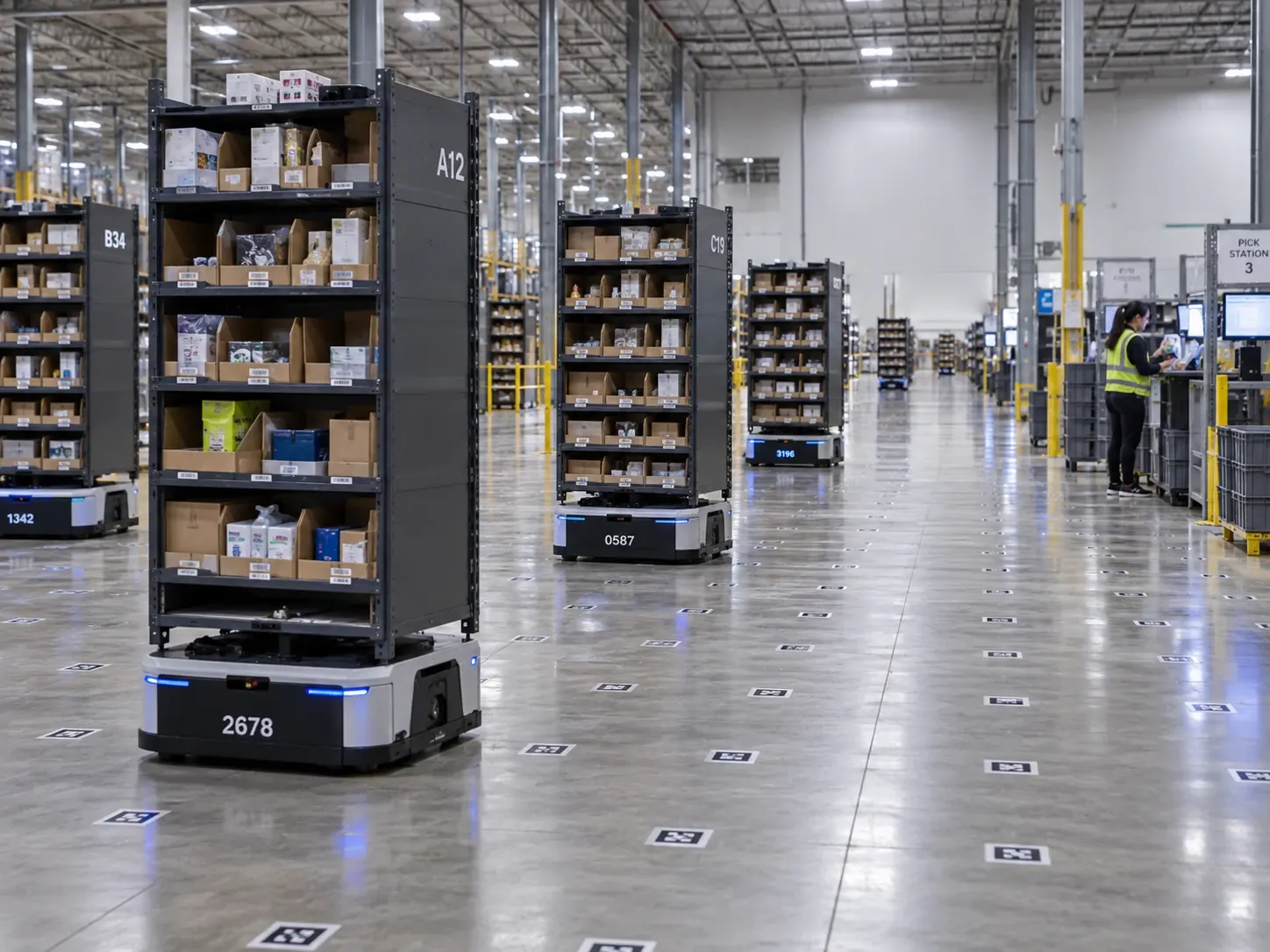 Mobile robots carry tall shelves of goods across a warehouse floor marked with navigation codes, towards a worker at a pick station.