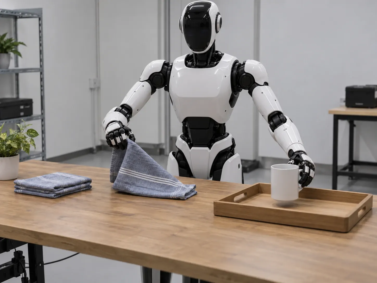 A humanoid robot at a table folds a cloth and places a mug on a tray.