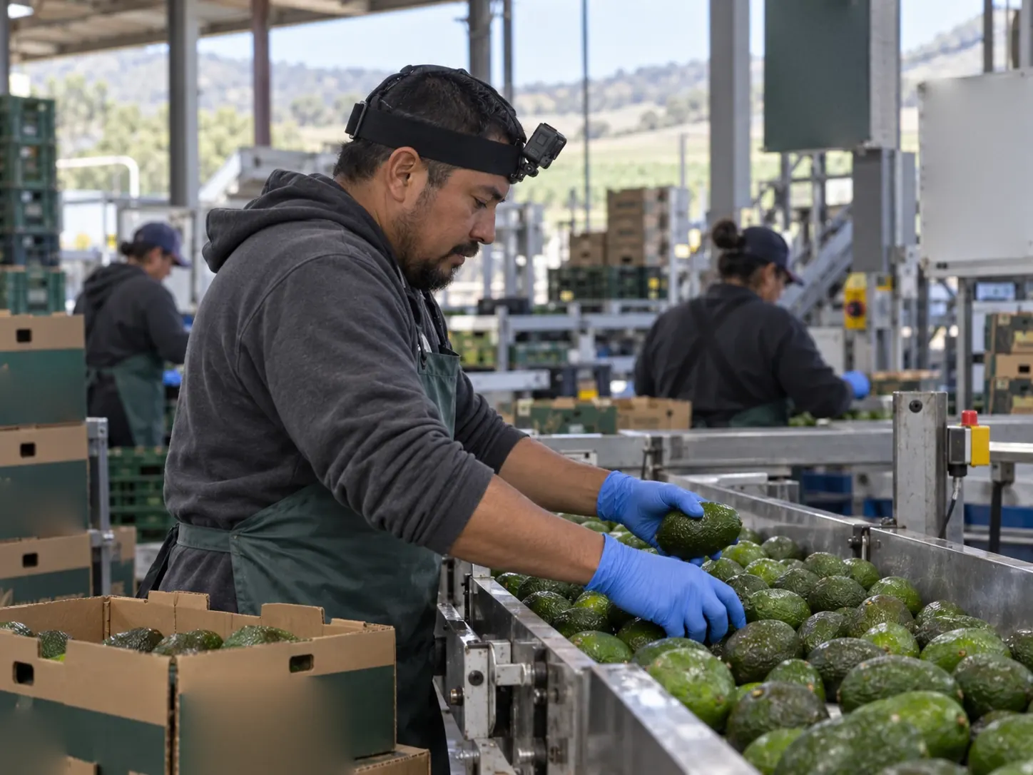 A worker wearing a head-mounted camera sorts avocados on a packhouse line.